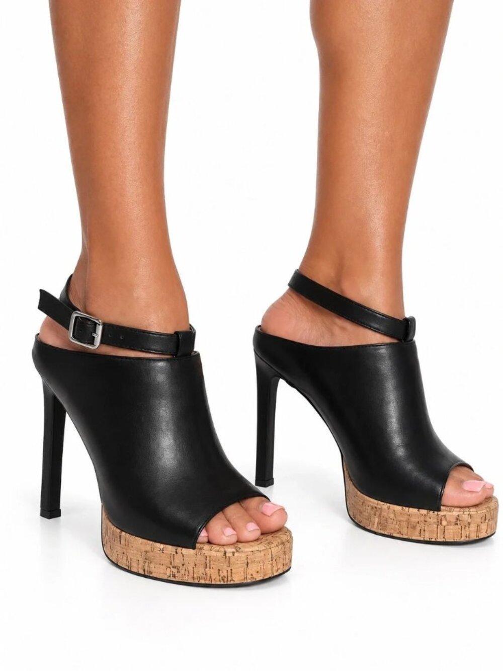 AZALEA WANG Maelie Peep Toe Shoes Cork Platform Stiletto Heel Size 6.5 Black NEW